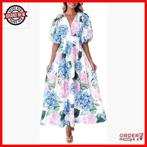 Dresses & Skirts - Floral Maxi Dress Wedding Guest Summer V-Neck Short Sleeve A-Line